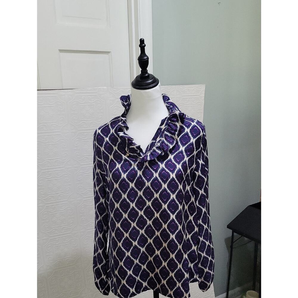 Elizabeth McKay Navy & Purple lkat Ruffle Collar Silk Blouse Sz 8, Quiet Luxury